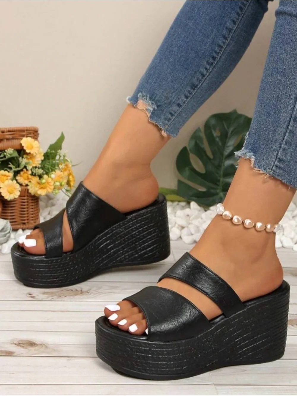Women's Black Platform Slide Sandals - Sleek Wedge Comfort